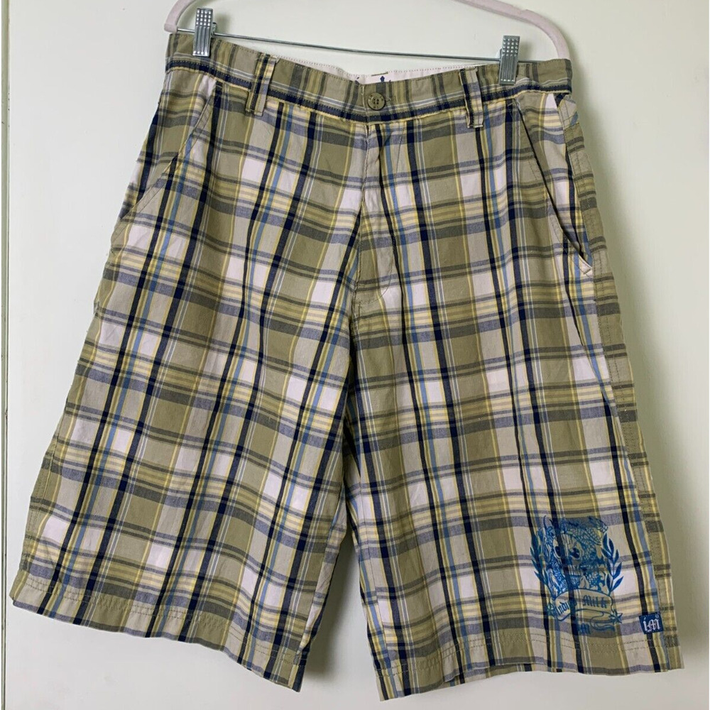Indigo Milk Chino Shorts Men's 34 Lime Blue Yellow Plaid Cotton Blend
